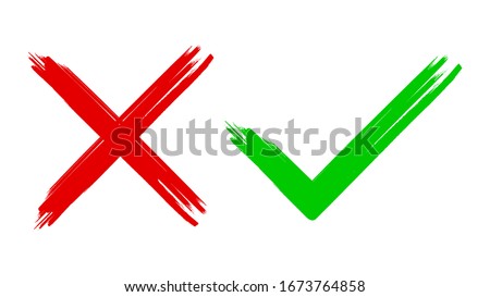 Two dirty grunge hand drawn with brush strokes cross x and tick OK check marks vector illustration isolated on white background. Check mark symbol NO and YES buttons for vote in check box, web, etc.