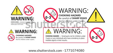 Choking hazard forbidden sign sticker not suitable for children under 3 years isolated on white background vector illustration set. Warning triangle, sharp edges and small parts danger.