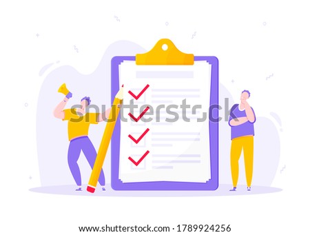 Task done business concept with tiny persons with megaphone, pencil nearby giant clipboard complete checklist and check mark ticks flat style design vector illustration isolated on white background.
