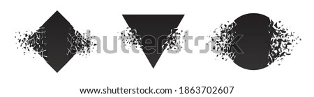 Shape shattered and explodes flat style design vector illustration set isolated on white background. Square rhombus, circle, triangle shapes in grayscale gradient exploding.