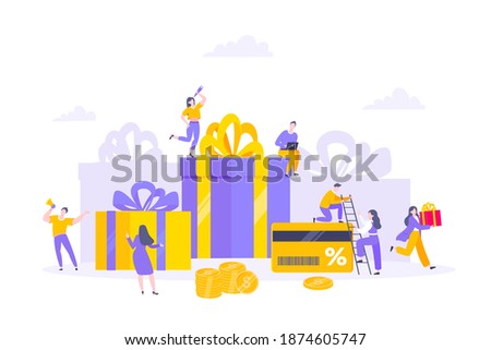 Earn loyalty program points and get online reward and gifts. Get loyalty card and customer service business concept flat design vector illustration. Tiny people with big card and money.