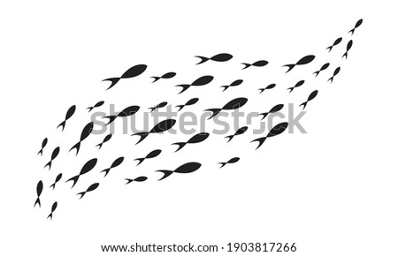 Silhouettes school of fish with marine life of various sizes swimming fish flat style design vector illustration. Colony of big and small sea animals.