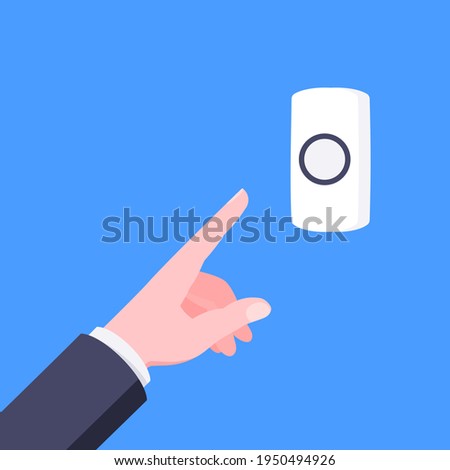 Male hand pushes doorbell button flat style design vector illustration isolated on blue background. Finger touches door bell switch button to ring.