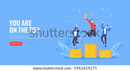 People standing on the podium rank first three places, jumps in the air with trophy cup. Employee recognition and competition award winner business concept flat style design vector illustration.