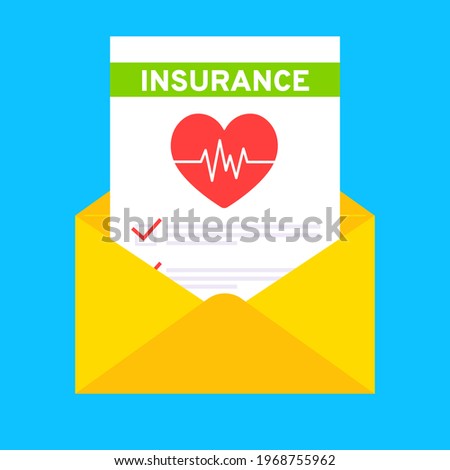 Medical insurance envelope letter claim form with file paper sheets flat style design vector illustration. Concept of fill out or online survey healthcare insurance application form.