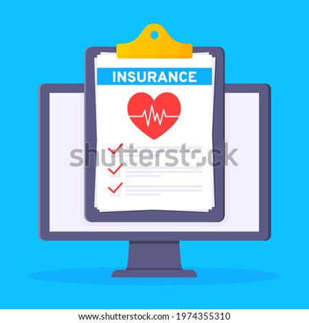 Monitor screen with medical insurance claim form on it, paper sheets, pen flat style design vector illustration. Concept of fill out or online survey healthcare insurance application form.