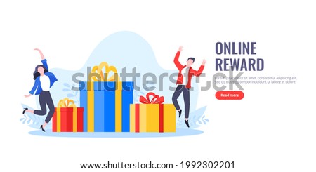 Earn loyalty program points, get online reward and gifts. Get loyalty card and customer service business concept flat design vector illustration. Tiny people with big gift boxes.