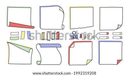 Doodle hand drawn memo notes and reminders vector llustration set. Simple drawing doodle style sketches of square paper sheets with curved corners cute diary design with clip, pins and duct tape.