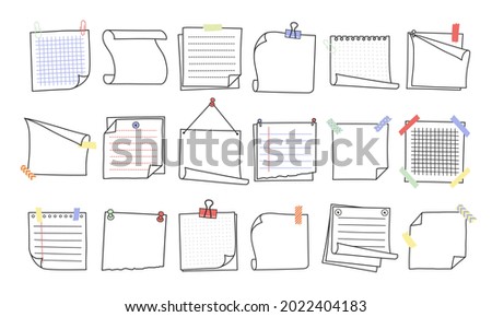 Doodle hand drawn memo notes and reminders vector illustration set. Simple drawing doodle style sketches of square paper sheets with curved corners cute diary design with clip, pins and duct tape.