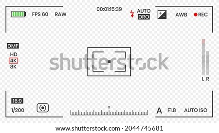 Camera viewfinder video or photo frame recorder flat style design vector illustration. Digital camera viewfinder with exposure settings and focusing grid template.