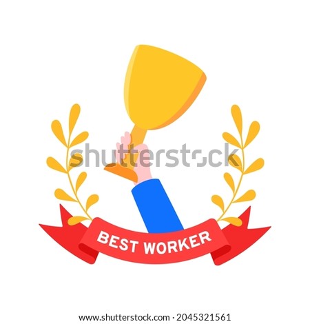 Best worker employee winner with trophy cup inside award ribbon and floral wreath flat style design vector illustration. Employee of the month, talent award, best worker competition prize. Foto stock © 
