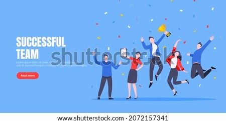 Happy business team employee team winners award ceremony flat style design vector illustration. Employee recognition and best worker competition award team celebrating victory winner business concept.