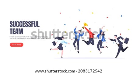 Happy business team employee winners award ceremony flat style design vector illustration. Employee recognition and best worker competition award team celebrating victory winner business concept.