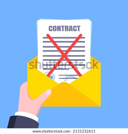 Contract cancellation business concept. Terminated tearing contract paper sheet breach in the mail envelope flat style design vector illustration isolated on white background.