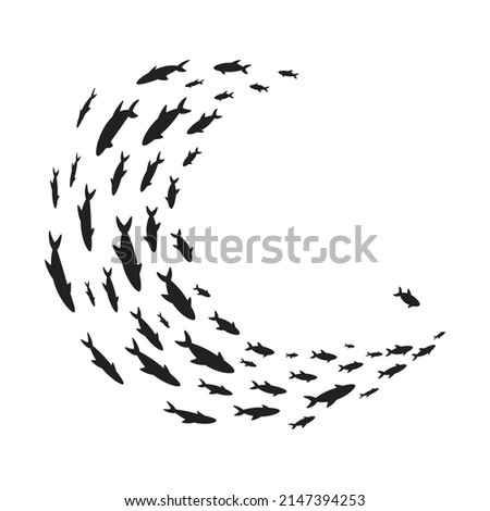 Silhouettes school of fish with marine life of various sizes swimming fish flat style design vector illustration. Colony of big and small sea animals.