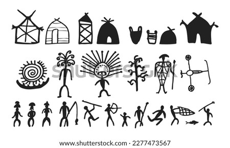 Cave painting prehistoric rock art hand drawn sketch style vector illustration set. Rock age cave paintings set with prehistoric tribal people and village buildings and stuff.