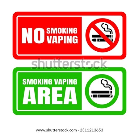 No smoking no vaping and smoking area sign set. Forbidden sign icon isolated on white background vector illustration. Cigarette, vape in prohibition circle and green allowed area.