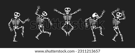 Skeletons dancing with different positions flat style design vector illustration set. Funny dancing Halloween or Day of the dead skeletons collection. Creepy, scary human bones characters silhouettes.