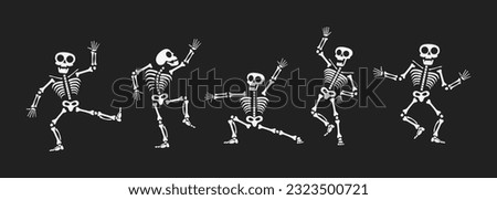 Skeletons dancing with different positions flat style design vector illustration set. Funny dancing Halloween or Day of the dead skeletons collection. Creepy, scary human bones characters silhouettes.