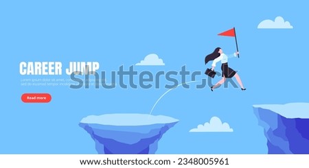 Businesswoman jumps over the abyss across the cliff flat style design vector illustration. Business concept of fearless businesswoman with courage. Risk, goal achievement, work obstacles and success.