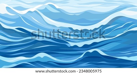 Blue ripples and water splashes waves surface flat style design vector illustration. Sea or river splashes water texture background. A restless surface of the sea, ocean, lake or river sways in waves