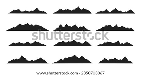 Mountain ridges peak silhouettes flat style design vector illustration set isolated on white background. Rocky mountains peaks with various ranges outdoor nature landscape background design elements.
