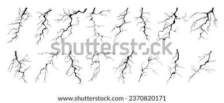 Lightning strike bolt silhouettes vector illustration set. Black thunderbolts and zippers are natural phenomena isolated on a white background. Thunderstorm electric effect of light and shining flash.