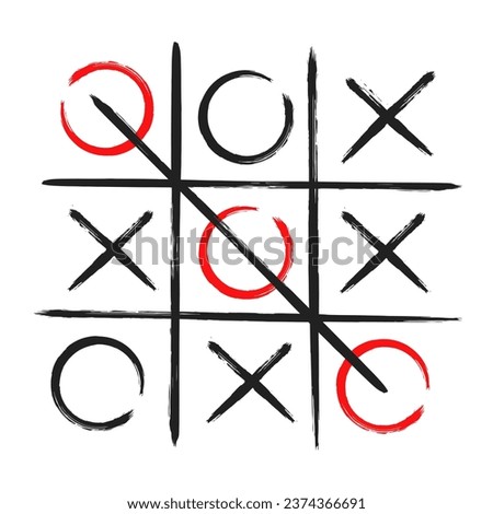 Tic tac toe xo game hand drawn grid doodle template vector illustration isolated on white background. Dirty grunge line tic tac toe game symbols.