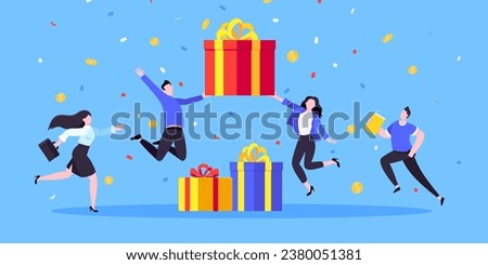 Earn loyalty program points, get online reward and gifts. Get loyalty card and customer service business concept flat design vector illustration. Tiny people won big gift box prize.