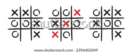 Tic tac toe xo game hand drawn grid doodle template vector illustration set isolated on white background. Dirty grunge line tic tac toe game symbols collection.