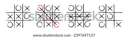 Tic tac toe xo game hand drawn grid doodle template vector illustration set isolated on white background. Dirty grunge line tic tac toe game symbols collection.