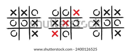 Tic tac toe xo game hand drawn grid doodle template vector illustration set isolated on white background. Dirty grunge line tic tac toe game symbols collection.