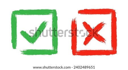 Two dirty grunge cross x and tick OK check marks in check boxes, hand drawn with brush strokes vector illustration isolated on white background. Check mark symbol NO and YES buttons for web vote, etc.