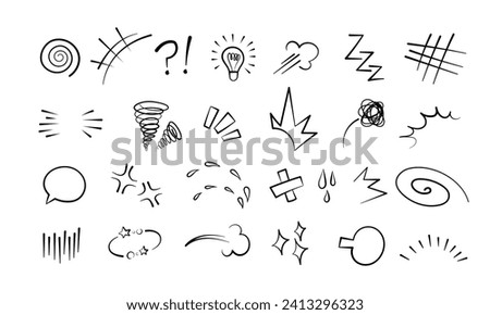 Manga or anime comic emoticon element graphic effects hand drawn doodle vector illustration set isolated on white background. Cartoon style manga doodle line expression scribble anime mark collection.