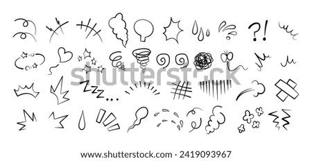 Anime comic emoticon element graphic effects hand drawn doodle vector illustration set isolated on white background. Cartoon style manga doodle line expression scribble anime mark collection.
