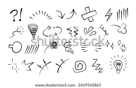 Anime manga comic emoticon element graphic effects hand drawn doodle vector illustration set isolated on white background. Cartoon style manga doodle line expression scribble anime mark collection.