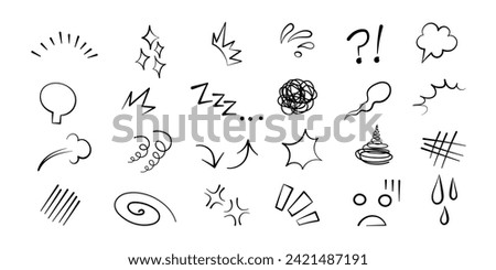 Anime manga comic emoticon element graphic effects hand drawn doodle vector illustration set isolated on white background. Cartoon style manga doodle line expression scribble anime mark collection.