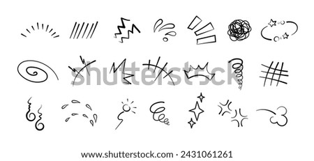 Manga or anime comic emoticon element graphic effects hand drawn doodle vector illustration set isolated on white background. Cartoon style manga doodle line expression scribble anime mark collection.