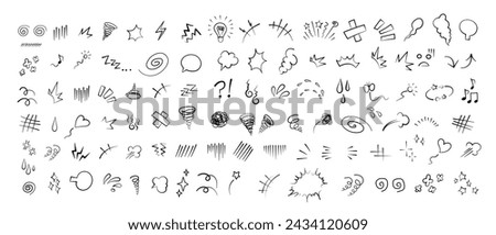 Manga or anime comic emoticon element graphic effects hand drawn doodle vector illustration set isolated on white background. Cartoon style manga doodle line expression scribble anime mark collection.