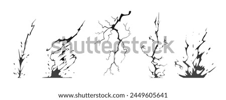 Lightning strike bolt silhouettes sequence vector illustration. Black thunderbolts and zippers are natural phenomena isolated on a dark background. Thunderstorm electric effect of light shining flash.