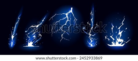 Lightning strike bolt silhouettes sequence vector illustration. Black thunderbolts and zippers are natural phenomena isolated on a dark background. Thunderstorm electric effect of light shining flash.