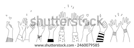 Doodle sketch hands up gestures comic icons silhouettes vector set. Group of line art fun comic hands in the air. Voting or happy congratulation audience recognition symbols.