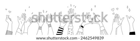 Doodle sketch hands up gestures comic icons silhouettes vector set. Group of line art fun comic hands in the air. Voting or happy congratulation audience recognition symbols.