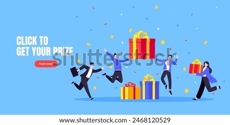 Get online incentive gift benefit reward and gifts, earn loyalty program points. Get loyalty card and customer service business concept flat design vector illustration. Tiny people with big gift boxes