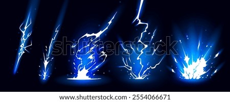 Lightning strike bolt silhouettes sequence vector illustration. Bright thunderbolts and zippers are natural phenomena isolated on a dark background. Thunderstorm electric effect of light shining flash