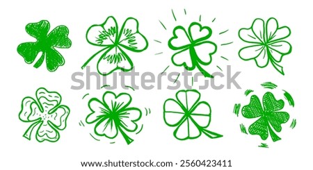 Lucky four, three clover shamrock leaf icon hand drawn style vector illustration set. Irish celtic St Patrick Day logo shamrock clover leaf symbol collection. Luck and happiness floral Irish ornament.