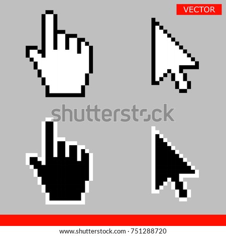 Black and white arrow pixel and pixel mouse hand cursors icon vector illustration set