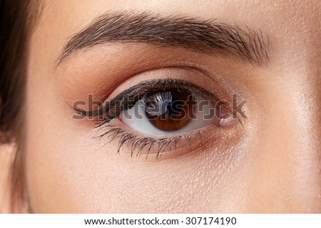 Female brown eye close-up. Light make-up arrow.