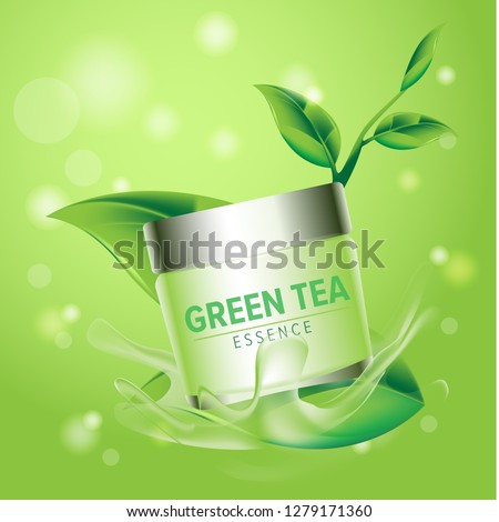 Vector glass jar, advertising design for sale, green tea essence for cosmetic