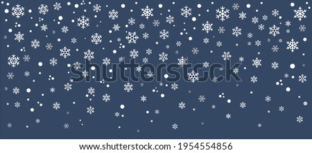 Hello, winter border, snow night. Falling snowflakes on dark blue background. Snowfall vector illustration.